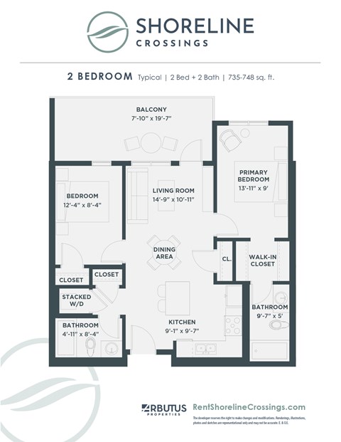 Floor plan for 2 beds, 2 baths, 748 sqft